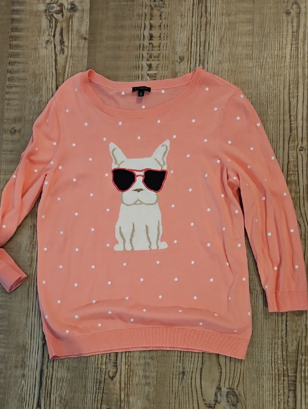 Talbots Coral Crewneck 3/4 Length Sleeves Sweater with Sunglass-Wearing Dog